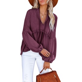 Limerose Womens Tunic Top Casual Long Sleeves Peplum Babydoll Ruffle Knit Hoodies Pullover Wine Red