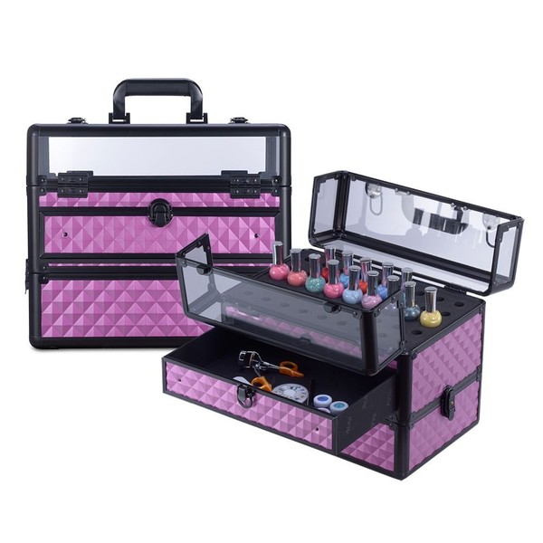Clear Panel Top Nail Polish Makeup Train Case 16" Aluminum Professional Cosmetic Organizer Box with Slide Out Drawer (Purple Diamond)