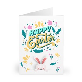 Happy Easter Card - Cute Bunny with Floral Accents - Peek-a-Boo Bunny Design