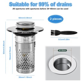 MININUSI 2 Pieces Drain Plug for 34-40mm Drain Plug, Universal Sink Plug with Hair Strainer, Drain Strainer Sink Plug, Drain Plug with Strainer, Bathtub Plug for Bathroom/Kitchen Sinks