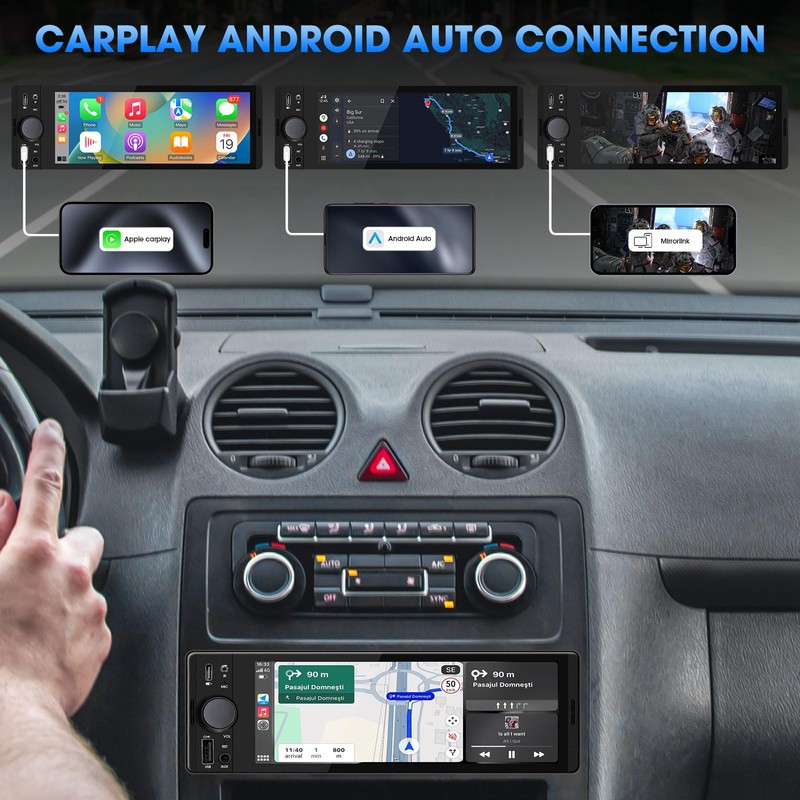 AKAMATE Single Din CarPlay Stereo: Android Auto Touchscreen Car Radio