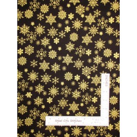 Santee Christmas Gold Metallic Snowflakes on Black Cotton Fabric #49802M03 By The Yard