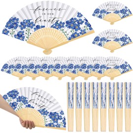 Threehoney 50 Pcs Funeral Memorial Favors Fans Forever in Our Hearts Folding Fan Celebration of Life Handheld Fans Paper Funeral for Guest Condolence Sympathy Gift(Indigo,Forget Me Not)