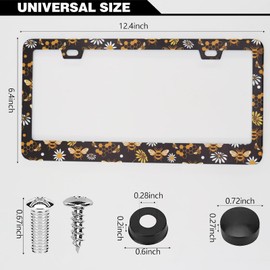 Bee Honeycomb and Flowers License Plate Frames, 2 Pack Bee Honeycomb Flower Car Plate Frame, Stainless Steel License Plate Holders Covers with Free Screws Fasteners Caps (Bee Flowers)