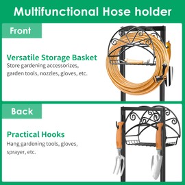 TomCare Garden Hose Holder Upgraded Water Hose Holder with Storage Basket 2 Tool Hooks Heavy Duty 4 Spikes Hose Hanger Holds 160ft Hoses Freestanding Hoses Storage Organizer for Outside Yard