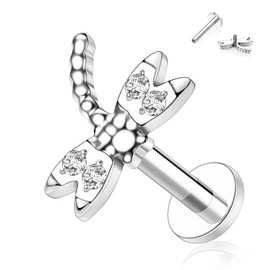 GAGABODY Titanium Labret Studs - 16G Helix, Tragus, Cartilage & Monroe Piercings - Internally Threaded Dragonfly Shape - Silver