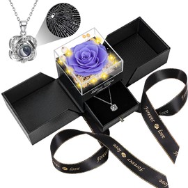 Preserved Violet Real Rose with Heart I Love You Necklace -Eternal Flowers Rose Birthday Gifts for Women Her Mom Wife Girlfriend Grandma on Valentines Mothers Day Christmas Anniversary Romantic-Violet