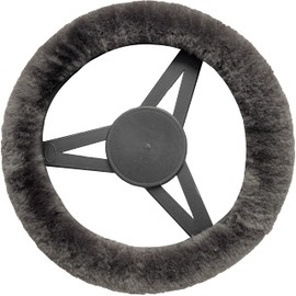 Natural Sheepskin Steering Wheel Cover for Women and Men | 100% Genuine Sheepskin Wool Furry 15” Universal Fit Steering Wheel Covers with Elastic Piping on Edges (Carbon Grey)