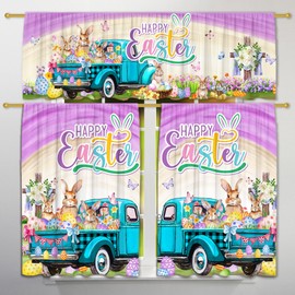 FUTBU Easter Kitchen Curtains for Windows, Easter Decorations Bunny Truck Valances, Purple Easter Curtains and Valances Set Decor for Living Room 27''x24'' 2 Panel & 54x18 Inch Tier Set