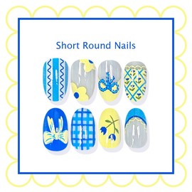 Almond Flower Press on Nails Medium Fake Nails Blue Yellow French Tip Acrylic Nails with Cute Bow Blue Plaid Designs Spring Summer Glue Nails Full Cover Artificial False Nails for Women Girls 24PCS