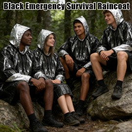 SQAQS 4Pcs Emergency Survival Poncho, Emergency Foil Blanket, 100*130cm, Thermal Emergency Raincoat Poncho, for Outdoor, Mountain Climbing, Cycling, Hiking, First Aid, Rainy Days (Black)