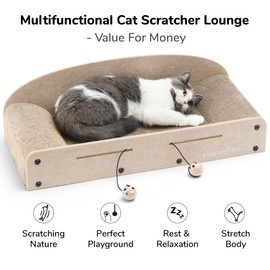 FUKUMARU 26 Inch Cat Scratcher Cardboard Lounge Bed, 2 Reversible Cat Scratch Pads Refill for Indoor Cats, Durable Cats Scratching Boards Extra Large Lounger Bed Sofa Couch with Ball Toy, Beige