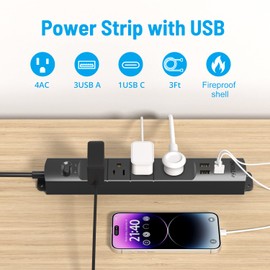 TROND TROND Surge Protector Power Strip with USB, Ultra Thin Flat Plug 3ft Extension Cord 1625W, 3 USB A & 1 Type C, 4 AC Outlets 1440J Surge Protection, ETL Listed, Wall Mount for Home Office Dorm, Black