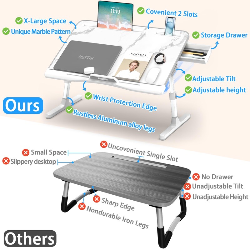 HETTHI Laptop Bed Desk, Adjustable Laptop Lap Desk with Drawer,