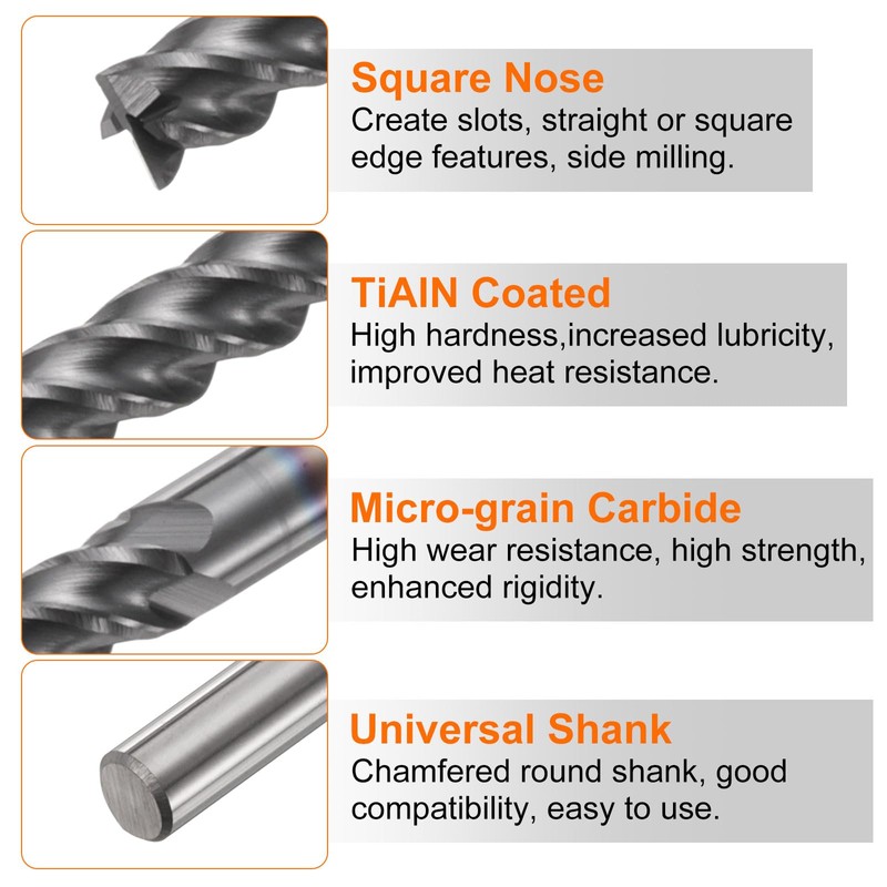 HARFINGTON 5pcs Carbide Square Nose End Mill Bit 1/8" Cut