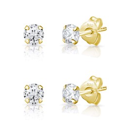 DTPsilver - 2 Pairs of Tiny Earrings 925 Sterling Silver Yellow Gold-Plated with Cubic Zirconia Round Very Small Stud Earrings - Diameter 2, 3 or 4 mm - White/Clear CZ, Yellow Gold Sterling Silver,