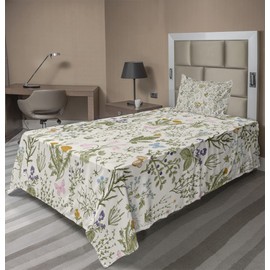 Ambesonne Floral Sheet Set, Vintage Garden Plants Herbs Flowers Botanical Classic Design Art, Fitted and Flat Sheet with Pillowcase Bedding Accent 3 Piece Set, Twin, Sage Green