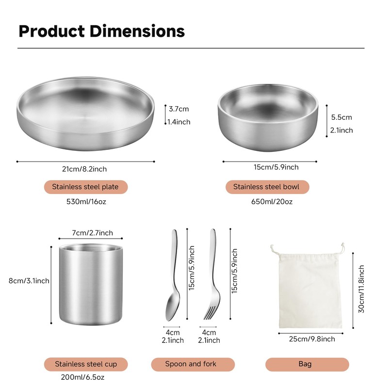 6-Piece Kids Dinnerware Set, Non-Toxic Food-Grade Stainless Steel Plates and