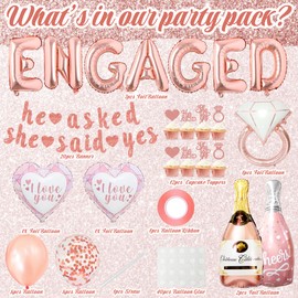 Xietaea Rose Gold Engagement Decoration Set - 60 Pieces Engagement Decoration with 'Engaged' Foil Balloons Banner, Heart Balloons, Ring Balloons for Engagement Party and Bachelorette Party