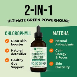 360 Nutrition Matcha Chlorophyll Liquid Drops with L-Theanine, Gluten Free & Vegan Internal Deodorant Supplement, Supports Gut Health, Digestion, Energy, Radiant Skin, Fast Absorption, 60 Servings