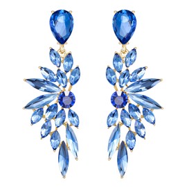 BriLove Bridal Wedding Earrings for Brides Bridesmaid, Crystal Teardrop Marquise Cluster Bling Rhinestone Dangle for Women Blue Gold-Toned