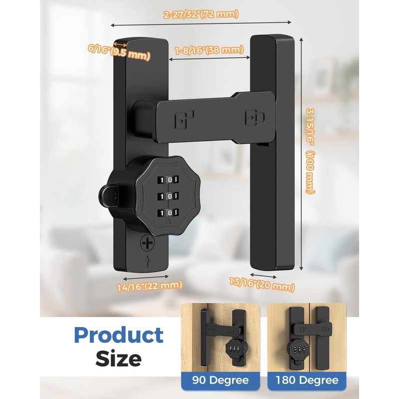 BiceNoning 90/180 Degree Barn Door Lock, Flip Combination Latch Lock,