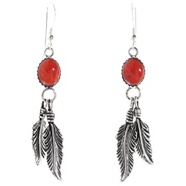 Coral Silver Native American Feather Earrings 1200