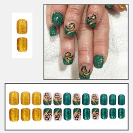 LBPEPAMZ 24Pcs St. Patrick's Day Press on Nails Short Square Fake Nails with Black Gold Glitter Shamrock Designs Green Bling French Tips Acrylic False Nails Gold Full Cover Stick on Nails for Women