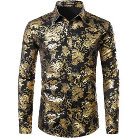 ZEROYAA Men's Luxury Paisley Dress Shirt Shiny Floral Printed Button Down Shirts for Party Prom ZLCL18 Black Gold Large