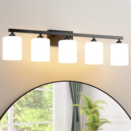 Quntis Black Bathroom Light Fixtures(5CCT Dimmable), 5-Light Bathroom Vanity Light Over Mirror with Milky White Frosted Glass Lampshade, LED Vanity Light Bathroom Light with 5 Color Modes