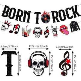 Rock and Roll Party Banner Decoration,Born to Rock Glitter Banner Garland Music Theme Skull Music Note Guitar Hanging Bunting Banner Party Backdrop for 50s Rock Music Party Decoration Supplies