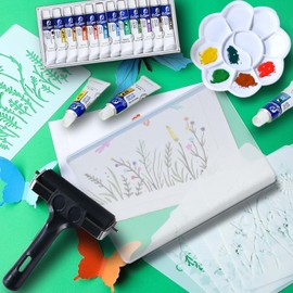 Reusable Gel Printing Plate Kit, Complete Printmaking Set with 5" X 7" Gel Plate, Rubber Roller, Acrylic Paint, Paper, Baren, Stencils and Storage Box, Easy Clean Plate, Creative Art DIY Printmaking
