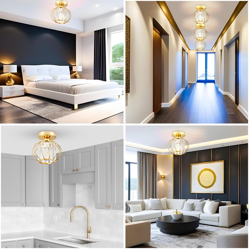 GIGGI Crystal Gold Ceiling Light, E27 Semi-Flush Ceiling Lights, Modern