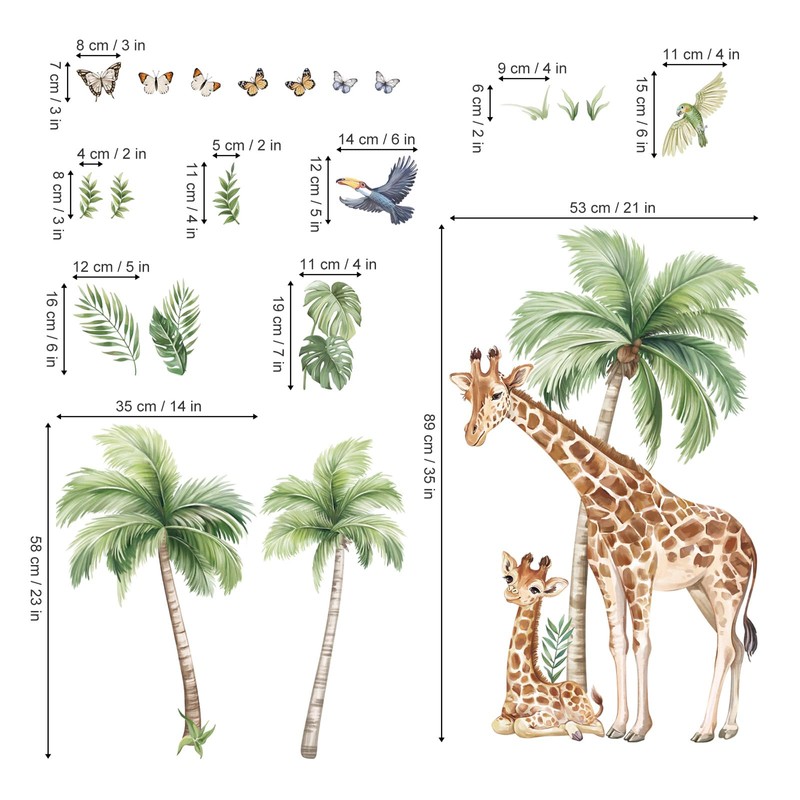 wondever Jungle Safari Animals Wall Stickers Large Palm Tree Giraffe