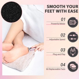 Hornhautentferner Elektrisch, Einstellbare Geschwindigkeit, Elektrisch Hornhauthobel mit 60 Ersatzpads, Hornhaut Entfernen Fußpflege Pediküre für Trockene, Harte & Rissige Haut