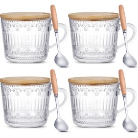 Nuenen 4 Sets Vintage Coffee Mugs with Bamboo Lids and Spoons 13.5 oz Embossed Tea Cups Clear Drinking Glasses Aesthetic Glassware for Cappuccino Latte Travel Beverage Espresso Coffee