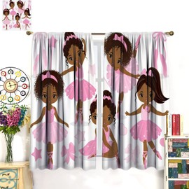 Pink African American Ballerina Window Curtain, Cute Little African American Ballerinas Ballet Princess Dancer Room Darkening Door Window Rod Pocket Curtain for Girls Kids Bedroom Living Room 42x45in