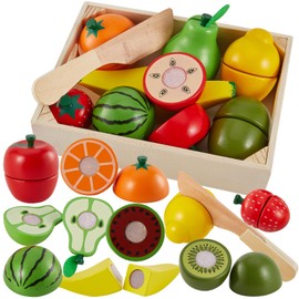 LINFUN KIDS Fruit Cutting Set Wooden Play Food for 2+ Year Olds Toddlers, Velcro Food Toys Kids Role Play Kitchen Accessories with Baskets Gifts age 3 4 5 Boys Girls