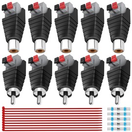 MKBKLLJY 5PCS Speaker Wire Cable to Audio Male Female RCA Connector Adapter Plug Jack RCA to Speaker Wires Adapter Spring Press Type Terminal Non-Soldering with Heat Shrink Connectors Ties, for CCTV