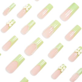 Green French Tip Press on Nails Long Square Fake Nails, Cute Bow Pearl Nail Art Designs Spring Summer Glue on Nails Kit Full Cover Acrylic Artificial Nails French Stick on Nails for Women Girls, 24pcs