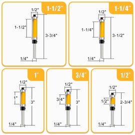 MEANLIN 5Pcs Flush Trim Top and Bottom Bearing Router Bit 1/4-Inch Shank for Woodworking, Cutting Diameter: 1/2Inch, Cutting Length: 1/2 Inch, 3/4 Inch, 1 Inch, 1-1/4 Inch, 1-1/2 Inch