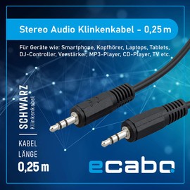ecabo 10002 Stereo Audio Jack Cable 3.5 mm Jack Male to 3.5 mm Jack Plug - AUX Cable - for Car Radios, MP3 Players, Receivers, Computers, Laptops, 0.25 m, Black