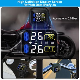 OBEST Motorcycle TPMS Tyre Pressure Monitoring System Tyre Pressure Wireless Tyre Pressure Gauge USB Power LCD Display with 2 External Sensors
