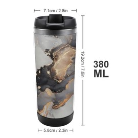 Luxury Abstract Fluid Marble Marbling Art Painting Black Grey Gold Stainless Steel Water Bottle, Double Walled with Handle Cup Bottle 13 Oz, Leak-Proof Hot Cold Insulated Travel Mug