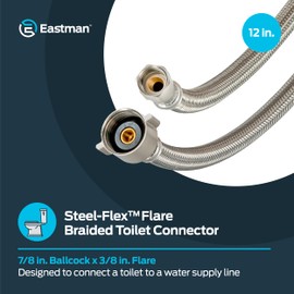 Eastman 12 Inch Flexible Toilet Connector, 7/8 Inch Ballcock Nuts x 3/8 Inch Flare Inlet Connection, Stainless Steel Braided Toilet Hose, 48097