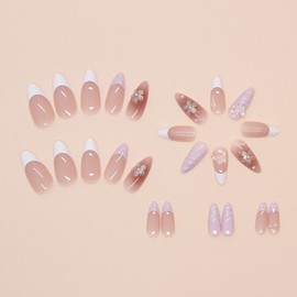 Flower Press on Nails Medium Almond Fake Nails with Designs 3D Butterfly False Nails French Tip Glossy Glue on Nails Full Cover Acrylic Nails Shiny Artificial Stick on Nails for Women Manicure 24 Pcs