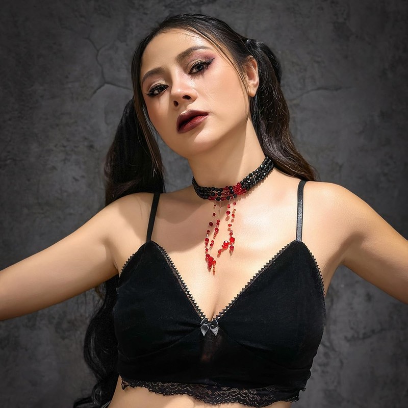 WCRAZYE Gothic Blood Necklace for Women Red Crystal Multi-layered Pearl