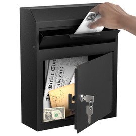 Extra Large Metal Wall Mount Locking Deposit Drop Box Safe - Heavy Duty Extra Large Lock Box for Keys, Mail, Rent, Checks, Deposit, and Payments (12'' x 4.25'' x 14.75'') (Black)