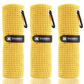 Handy Picks Microfiber Golf Towel (16" X 16") with Carabiner Clip, Waffle Pattern Golf Towel Hook and Loop Fastener - The Convenient Golf Cleaning Towel Yellow