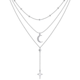 DAOSHANG Sterling Silver Layered Necklaces for Women 3 Layer Dainty Moon and Star Pendant Multilayer Long Necklace four-pointed Star Choker Chain Adjustable Moon Jewelry